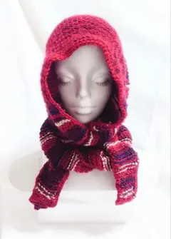 手編み　フード付きマフラー　フードマフラー　ソフィーフード　毛糸　ボーダー　赤系