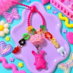 じゃらじゃらキーホルダー ピンク カラフル Y2K ハンドメイド
