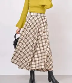 マスタード ホワイト フレアー チェック ロング スカート