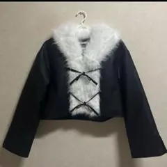 ems ファーコート ショート丈 ブラック ホワイト リボン