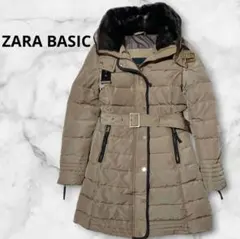 [美品] ZARA BASIC ファー付きベージュダウンジャケットベルト