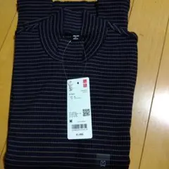 リブハイネックT　長袖　新品　ユニクロ　UNIQLO　М　ボーダー　ネイビー
