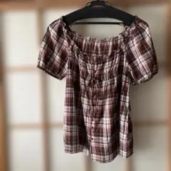 チェック柄 半袖ブラウス ブラウン ピンクのサムネイル