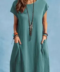 青緑色 ポケット付き 半袖ワンピース