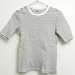 (即購入可)UNIQLO　白×黒　ストライプ 半袖Tシャツ Mサイズ　U28