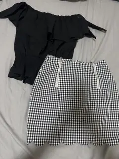 REDYAZEL オフショルダー黒トップス、ミニスカートセット