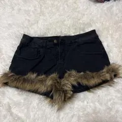 ファー付きデニムショートパンツ ブラック