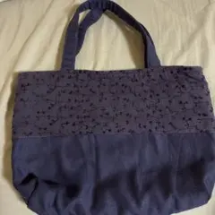 ハンドメイド　パープル上品な花柄トートバッグ　長方形型