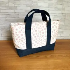 肉球柄 ライトデニム 小さめトートバッグ（ピンク/マグネットホック付き）
