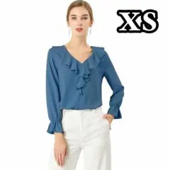 Allegra K シフォン フリルブラウス 長袖 Vネック XS