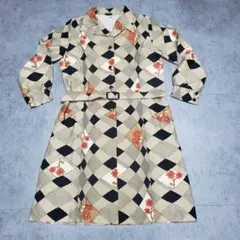 レトロワンピース ヴィンテージ 柄ワンピース 総柄 レトロ 7分丈 L