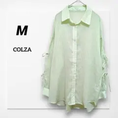 ​レディース 長袖シャツ ブラウス【M】ストライプ　グリーン　袖リボン　透け感