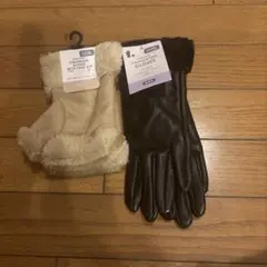 スエード風ファーハンドウォーマーとファー付きフェイクレザーグローブの手袋セット