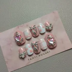 ジェルネイルチップ　量産型　ピンク✕ホワイト　ハート　リボン