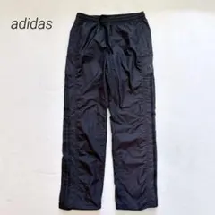 【アディダス】 裏起毛ナイロン調パンツ M 黒 サイドライン ジップポケット