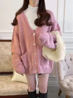 《ロービングヤーンルーズカーディガン》ピンク オーバーサイズ カーディガン