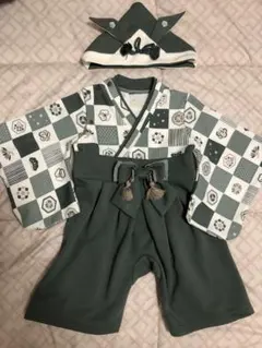 MOCMOF✩袴ロンパース✩80サイズ✩グリーン✩兜帽子付き