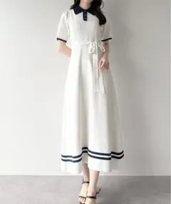 リボン付きポロニットセミフレアワンピース ペチコート付き