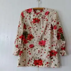 レトロ　古着　長袖　お花柄　総柄　ロング丈　ポリエステル　トップス　チュニック