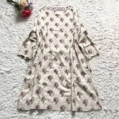 極美品■45R 花柄　コットン　長袖　ワンピース　ベージュ　ナチュラル　L相当のサムネイル