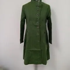 394 希少　昭和レトロ グリーン ロングコート ハイネック ボタン付き