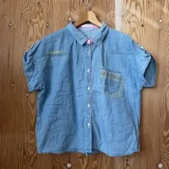 【ESTACOT】刺繍 パッチワーク デニムシャツ 半袖 ピンクライン Mのサムネイル