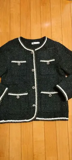 ノーカラーツイードジャケット 黒