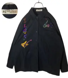 レトロ古着ギター&サックス楽器ビッグプリントブラックコットンシャツゆったりサイズ