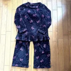 gu リボン柄フリル付きモコモコパジャマ上下セット黒系×ピンク130サイズ