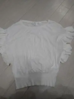 【LANVIN en Blue】袖フリルスリーブ ホワイトニット 半袖 春夏