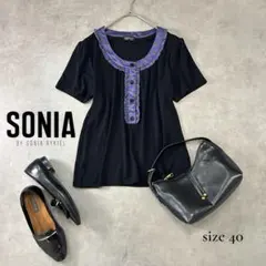 【SONIA RYKIEL】ドットフリル半袖ブラウス 黒×ブルー 40 L相当のサムネイル