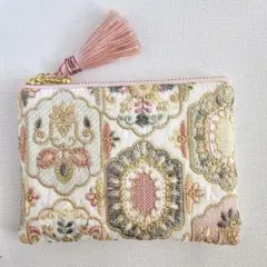 インド刺繍生地ポケットティッシュケース付きポーチ　人気柄　人気カラー