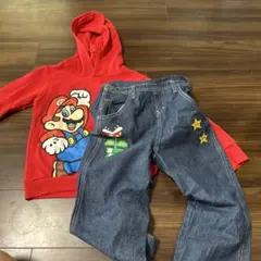 しまむら　マリオ フードパーカー130 デニムパンツセット120