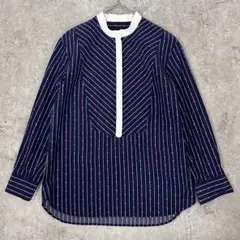 A.P.C. シルク混 ストライプ柄 シャツ　スタンドカラー　ネイビー 34のサムネイル