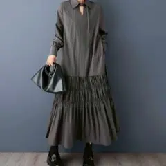 ロングワンピース　シャツワンピース　モード系　切り替え　ティアード　ギャザー