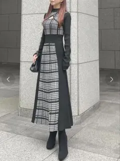 Rienda 2WAYロングスリーブ千鳥柄フレアニットワンピース