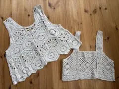 クロシェ編み ベスト、ビスチェ アイボリー　Lサイズ