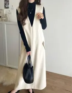 ポケット付Vネックワンピース ジャンパースカート