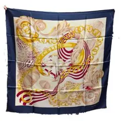 【美品】CELINE ヴィンテージ 大判 シルクスカーフ チェーン柄 ネイビー