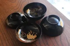 極小傷有！端正な時代黒漆に極上近江八景蒔絵の映えるお椀2点（検