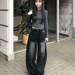 【即日発送】emmy ウエストコードラインストーンワイドデニムパンツ ブラックのサムネイル