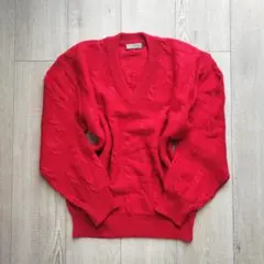 vintage デザインニット 立体編み Vネック レッド