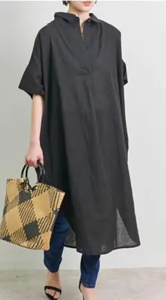 綿麻 スキッパーシャツワンピース ブラック