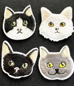 アイロンワッペン　猫　4枚セット　ハチワレ　白猫　黒猫　ロシアンブルー