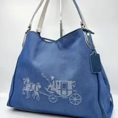 良品◎ COACH デニム×レザー ワンショルダーバッグ 大容量 肩掛け可
