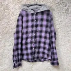 フード付き紫黒チェックシャツ　ユニセックス　M