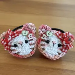 あみぐるみヘアゴム♡【林檎いっぱい】レッドマーブルずきん猫ちゃん♡