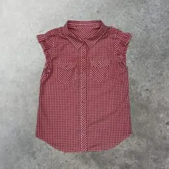 アメカジ レトロ ギンガムチェック ノースリーブ シャツ ブラウス フリル 夏服