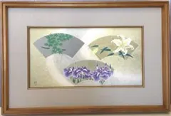 色紙額装　「四季扇面花鳥図」御色紙額　丸山石根作　紙箱　配送用木箱　S426KG
