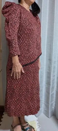 社交ダンス用赤系パターン フリル袖 ロングドレス